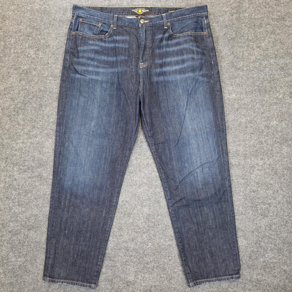 Lucky Brand Classic Straight Jeans Mens 42x30 Blue Denim Stretch Dark Wash